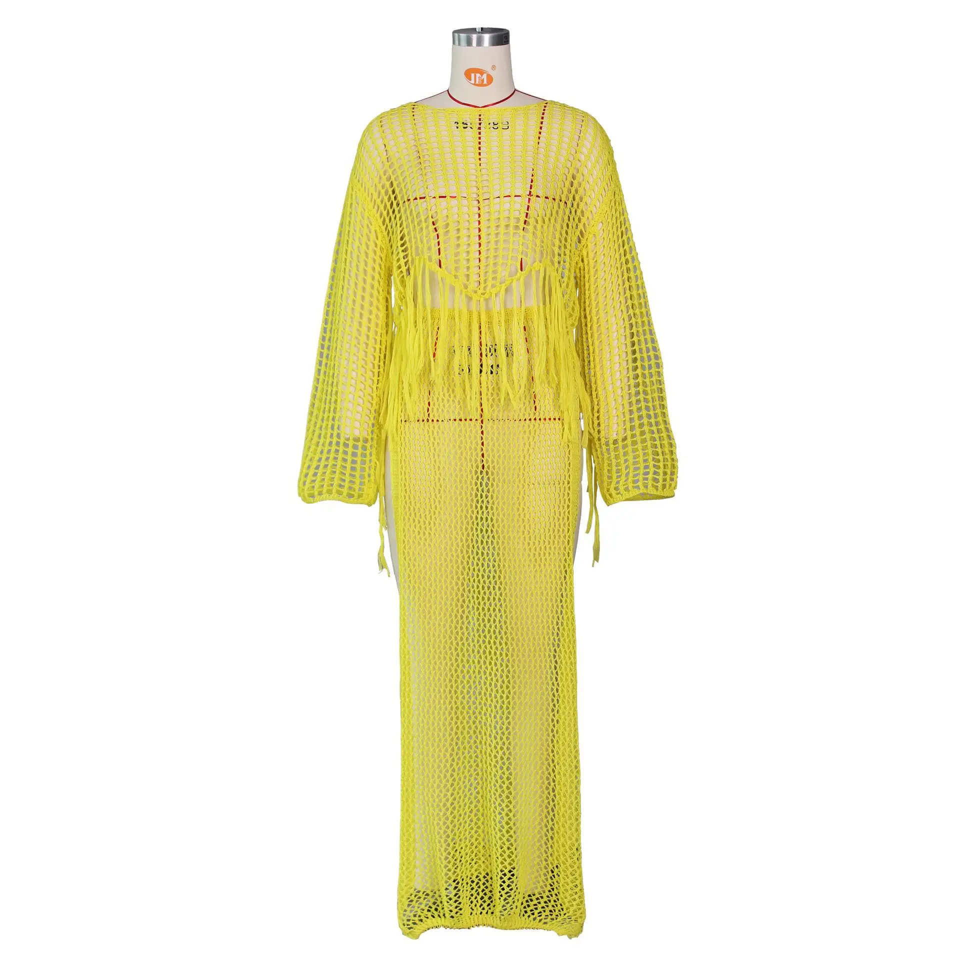 Ажурный вязаный комплект из двух предметов Adogirl платье с длинным рукавом кроп топ