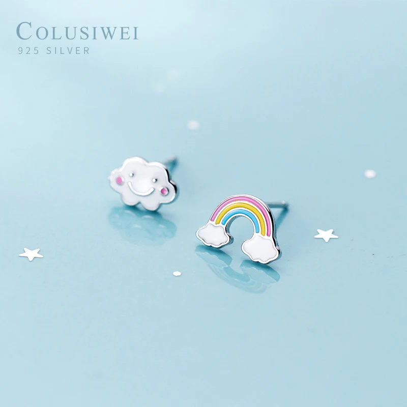 

COLUSIWEI Enamel Authentic 925 Sterling Silver Colorful Rainbow and Cloud Stud Earrings for Women Asymmetry Ear Studs Jewelry