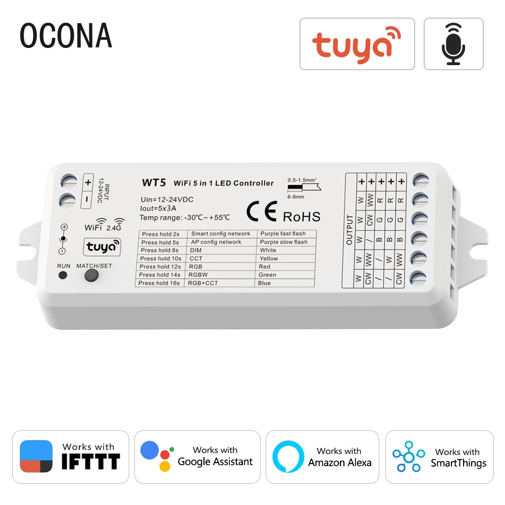 

Tuya Smart LED Controller For Alexa Google Assistant IFTTT 5 in 1 Dimmer CCT RGB RGBW RGBCCT Strip Wifi 2.4G RF Wireless 12V 24V