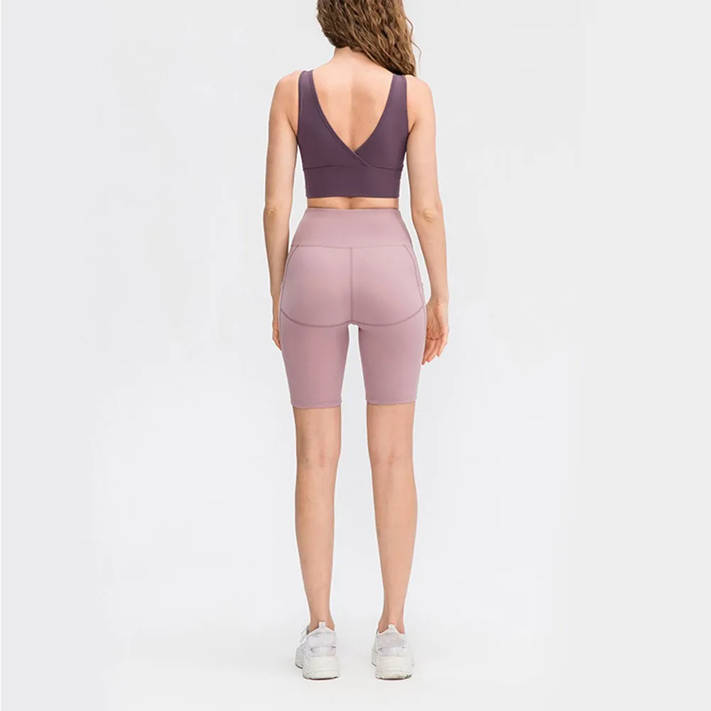 

2021 New Fashion Summer Solid Color Women's Yoga Shorts High-waist Hip-hugging Tights Pocket Fitness Casual Pants Gym Leggings