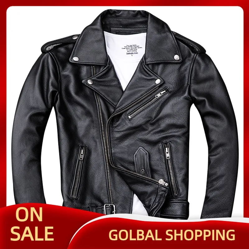 

Мужская мотоциклетная кожаная куртка, черная облегающая байкерская куртка из натуральной воловьей кожи, модель 5XL на осень, 2021
