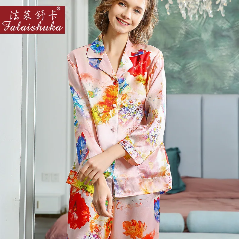 New sweet Pink Flowers 100% silk pajamas sets women sleepwear long sleeves Korean sexy Elegant genuine silk womens pyjamas T8219