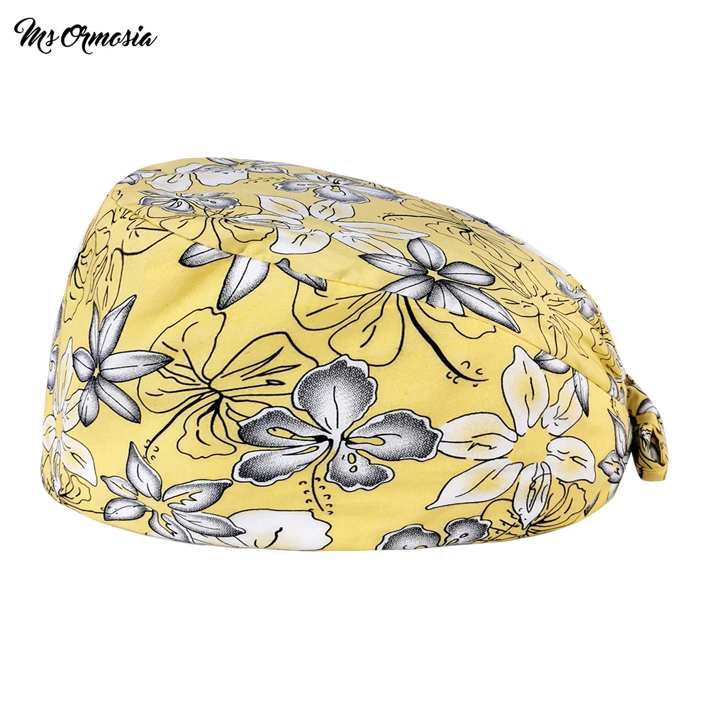 

Хлопковые круглые головные уборы с цветочным принтом для работников здравоохранения, шапочки для работы, регулируемый скраб, шапка для ухо...