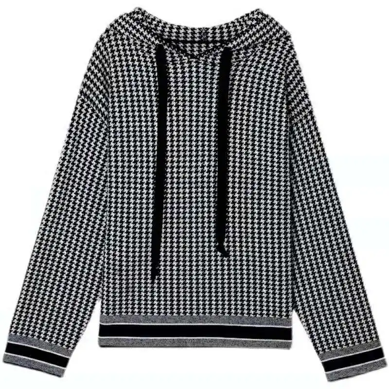 Шерстяной свитер с капюшоном в западном стиле изображением тысяч птиц Женская