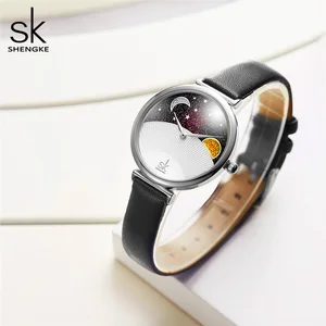 Женские Водонепроницаемые часы SHENGKE, повседневные часы с изображением звездного неба, Луны и солнца, с кожаным ремешком