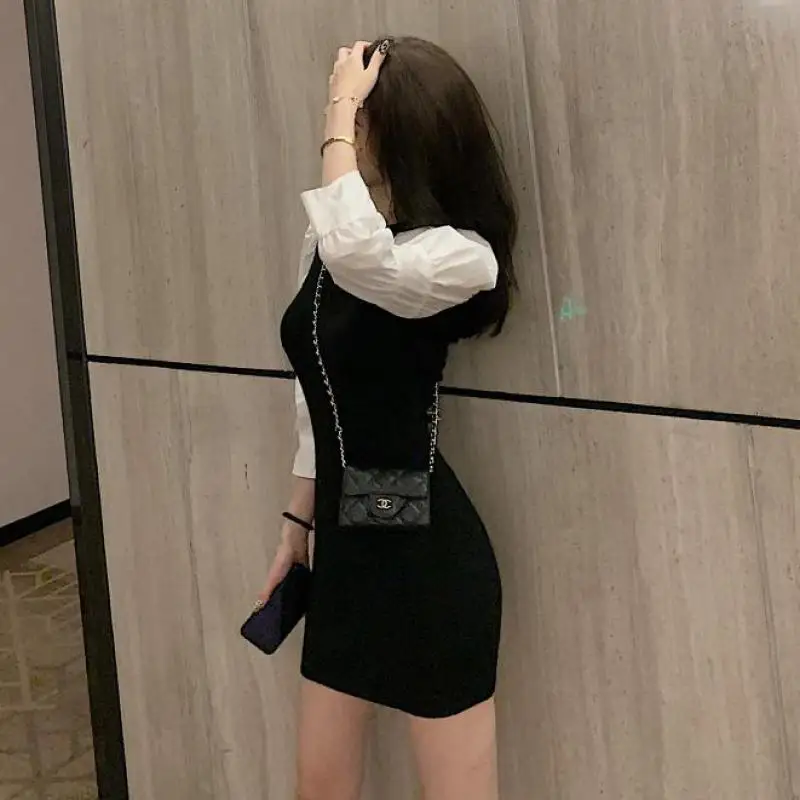 Корейское модное вязаное Черное мини платье в стиле пэчворк осеннее французское