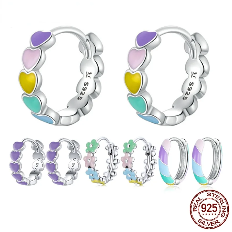 

OdakensenJade Genuine 925 Sterling Silver Women Multicolor Enamel Heart Hoop Earrings Rainbow Trend Jewelry For Girl Gift SCE909