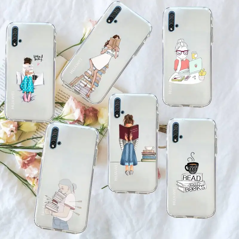 

Book girl cartoon coffee Phone Case Transparent for Huawei honor P mate 40 20 30 10 50 i 9 x mate pro lite 8a