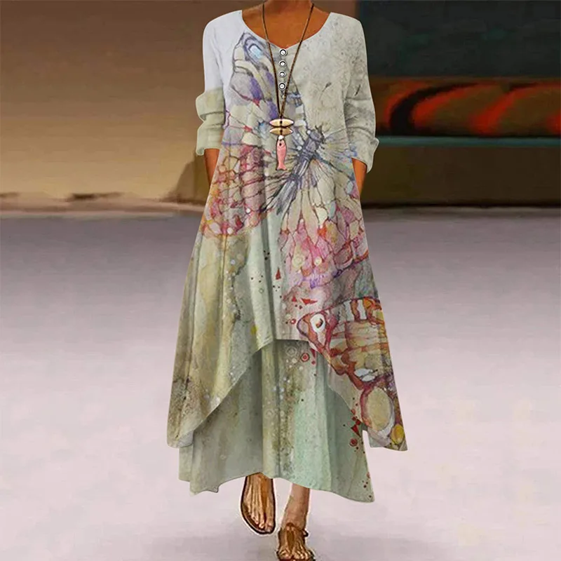 

2021 New Vintage Floral Print Women Long Summer Elegant V-Neck Long Sleeve A-Line Dress Fashion Casual Lady Loose Vestido