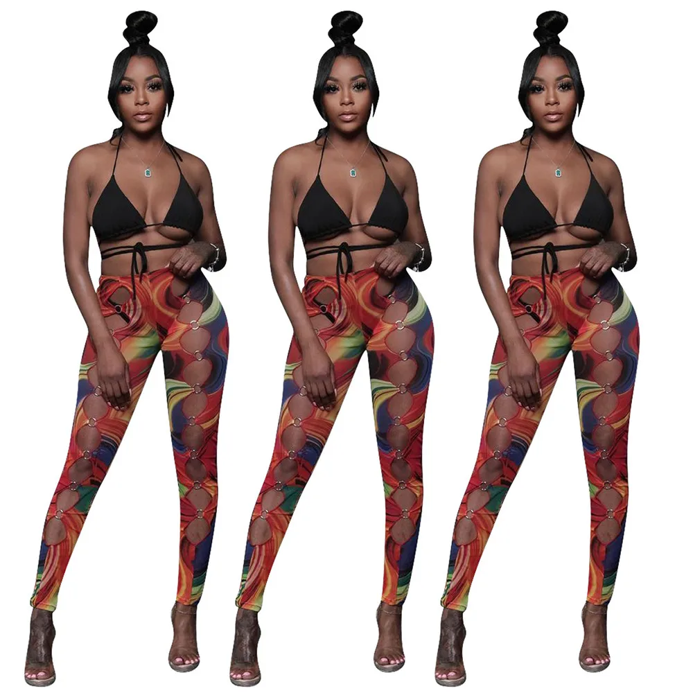 

Fashion Splash Ink Print Hollow Trousers for Women Lady Skinny Long Pants Female Summer Bodycon Slim Streetwear Pencil Pants