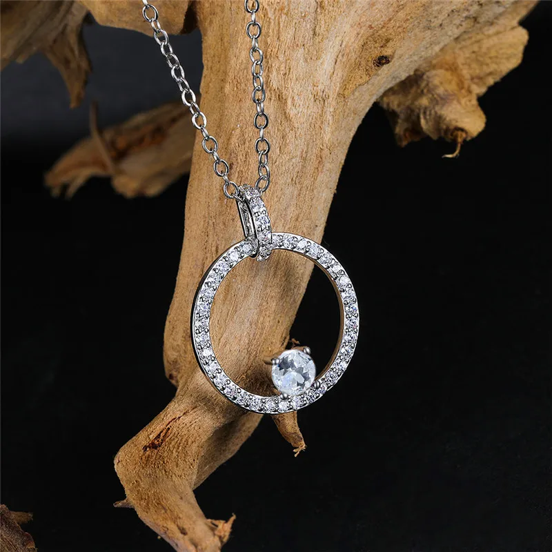 

Cute Female Purple Zircon Pendant Necklace Charm Gold Silver Color Chain Necklaces For Women Simple Hollow Round Wedding Jewelry