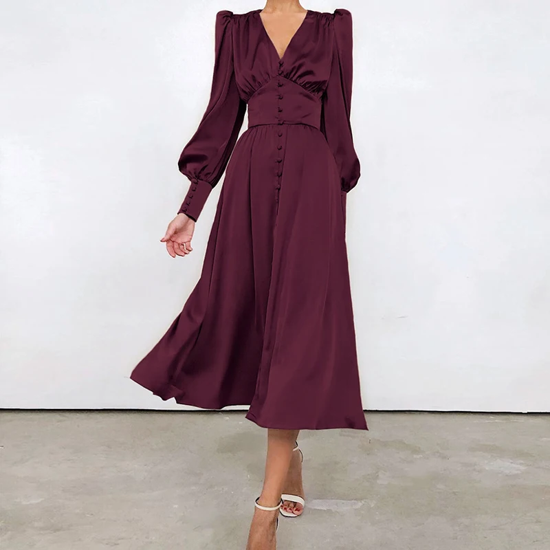 

Vintage Satin Maxi Dress Women Elegant Party Long Dresses 2021 Fashion V-Neck Chic Ruched Puff Sleeve Office Lady Vestidos Mujer