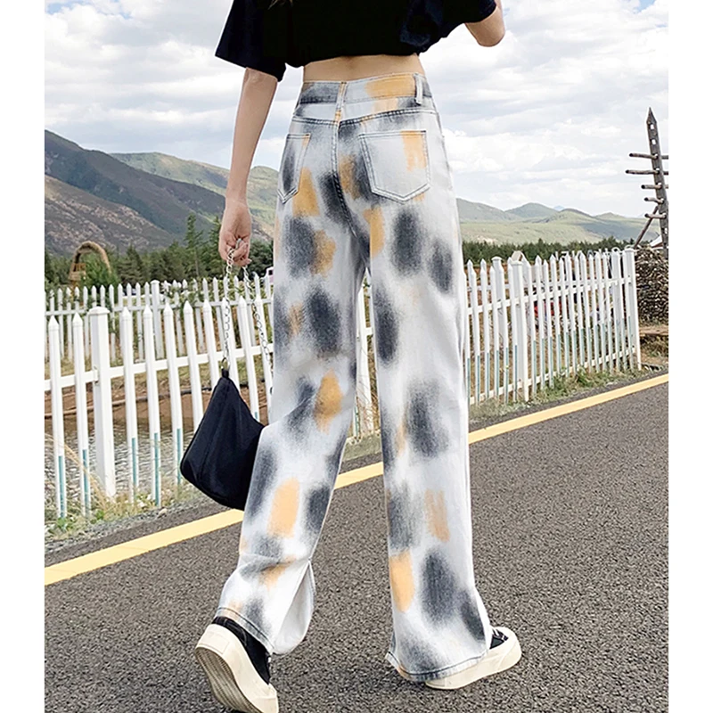 

Vintage Split Wide Leg Tie-Dye Jeans Women's Fashion Summer Straight Loose High Waist Denim Pants Plus Size Hip Hop Jeans Female
