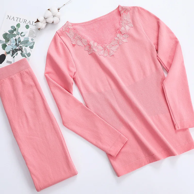 

Ladies Thermal Underwear Set Embroidered Terry Round Neck Breathable Non-ball Thermal Set Camiseta Interior Termica Mujer 2020