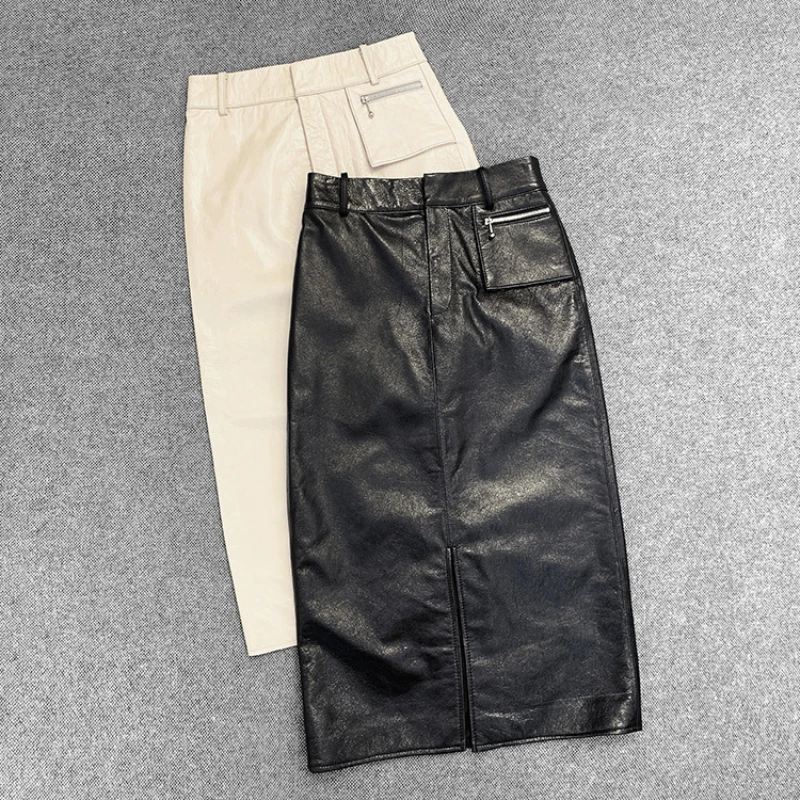 

Spring Autumn Black White Real Genuine Leather Skirt High Waisted Midi Skirts Womens Bodycon Sexy Office Pencil Wrap Clothes