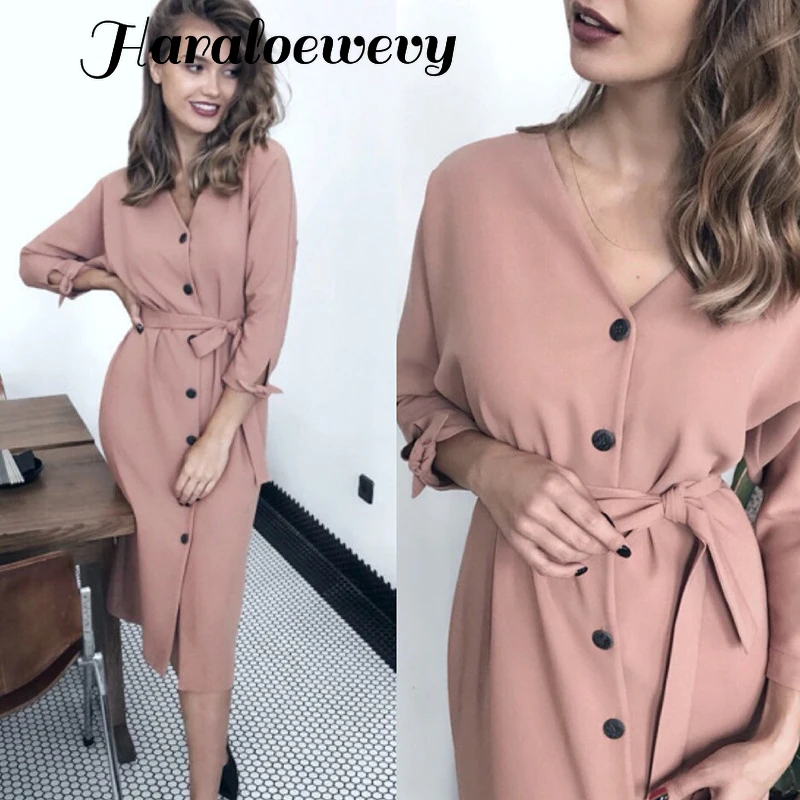 Женское платье с длинным рукавом повседневное офисное на пуговицах винтажное