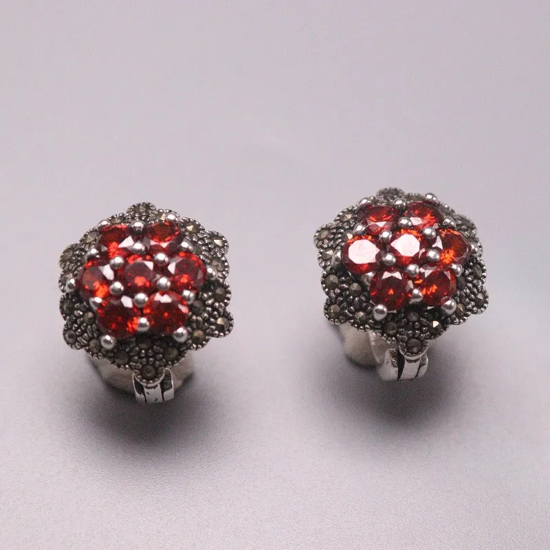 

New Arrival S925 Sterling Silver Earrings Women Luck Garnet Perfect Flower Hoop Earrings 17x13mm