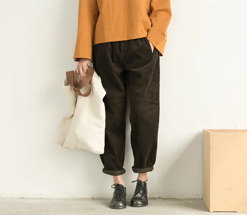 NINI WONDERLAND Corduroy Harem Pants Woman Autumn Low Crotch Ankle Length Pants Elastic Waist Female Loose Trousers Casual