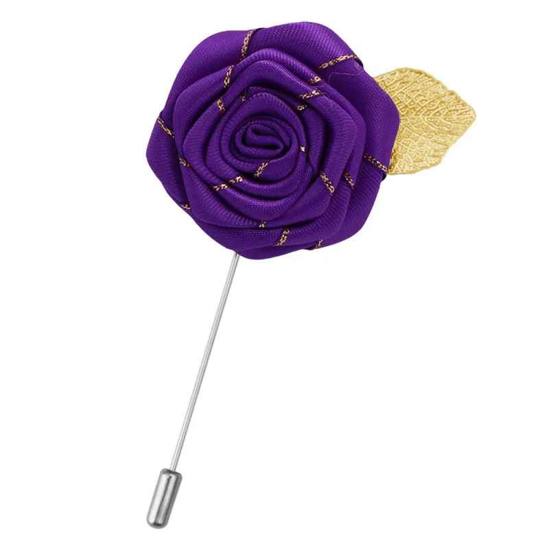 Purple Ручной работы мужской костюм Золотые листья Ткань Роза цветок брошь, ювелирные изделия Роскошный воротник нагрудный корсаж длинные иглы булавки Мужские аксессуары - Окраска металла: Purple