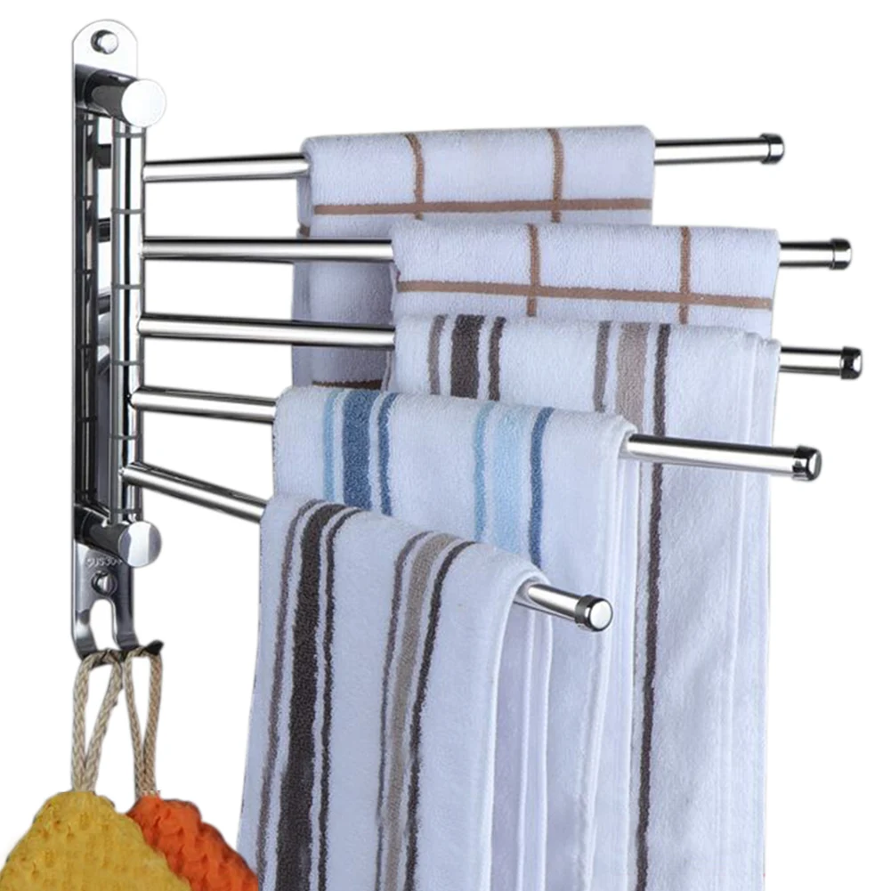 

Stainless Steel Swivel Towel Rack 3/4/5 Arms Towel Bar With 2 Hooks Wall Mounted Towel Hanger For Bathroom Dropshipping