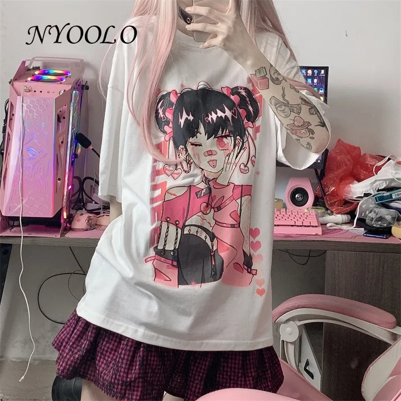 

NYOOLO Harajuku Kawaii Cartoon Anime Print O-Neck Short Sleeve T-Shirt Women Clothing 2021 Summer Sweet Girl Pullovers Tops Tee