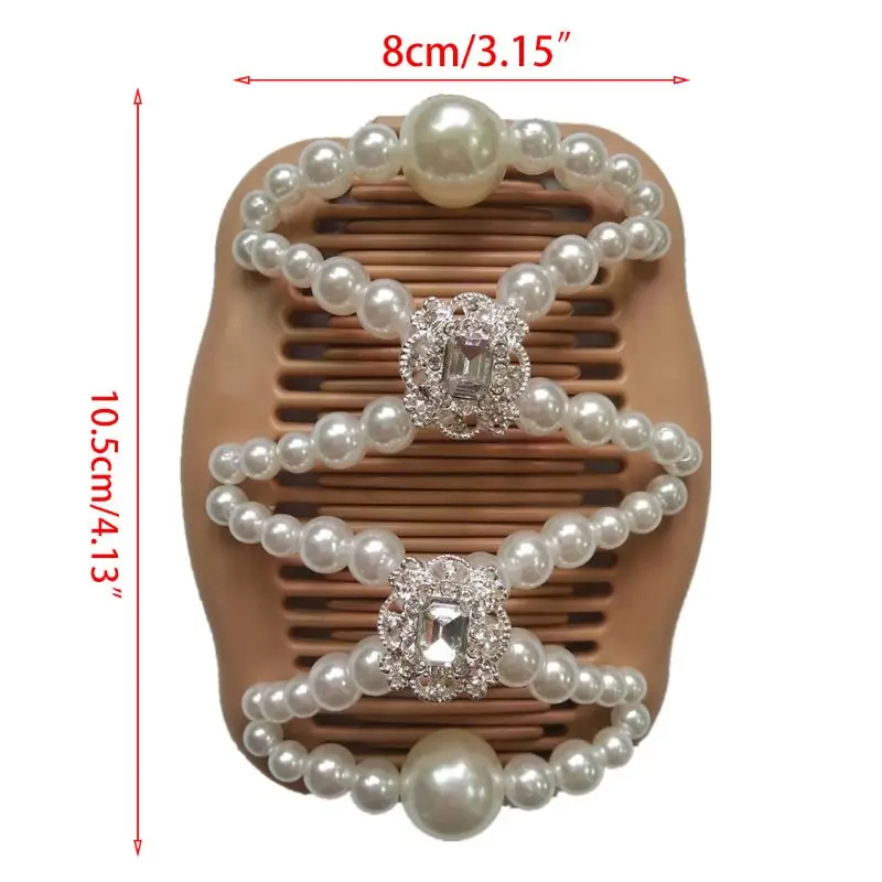 

Women Magic Double Hair Comb Imitation Wood Pearl Clip Stretchy Hairpin Bead DIY