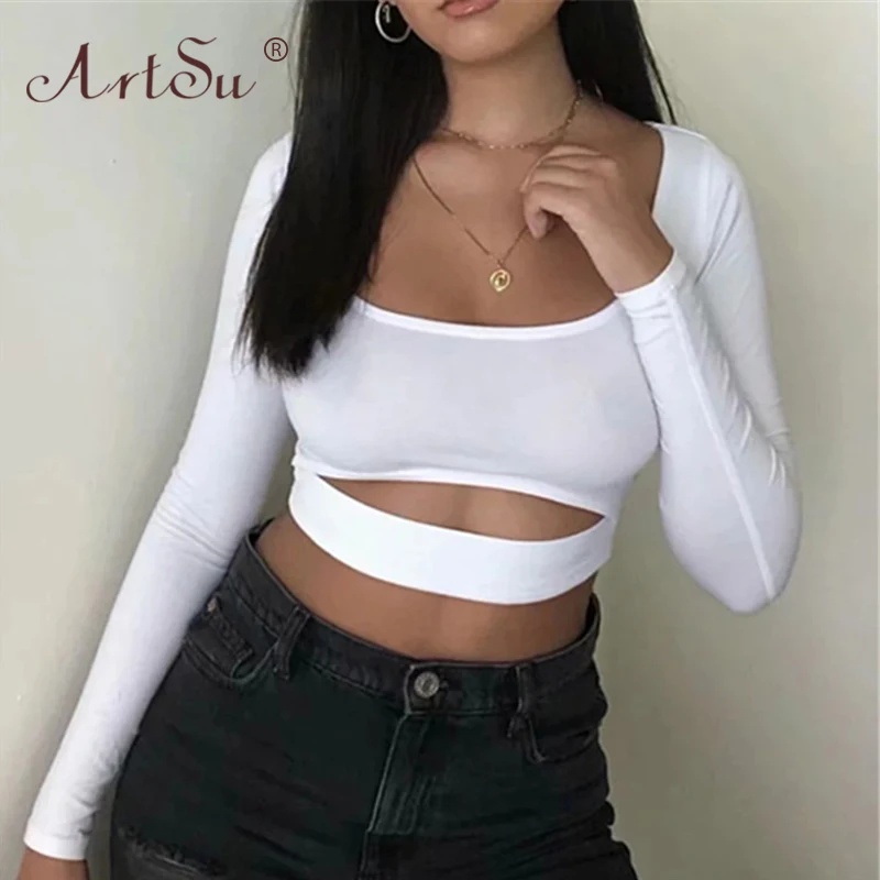 

Женская футболка с длинным рукавом ArtSu, облегающая Повседневная футболка с вырезами, зима клубный кроп-топ, 2020
