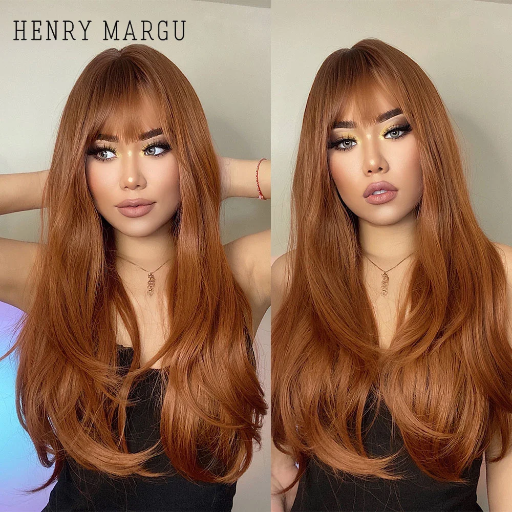 HENRY MARGU Long Straight Synthetic Wigs with Bangs Brown Red Copper Ginger Machine Made Wig for Women Cosplay Heat Resistant henry brown