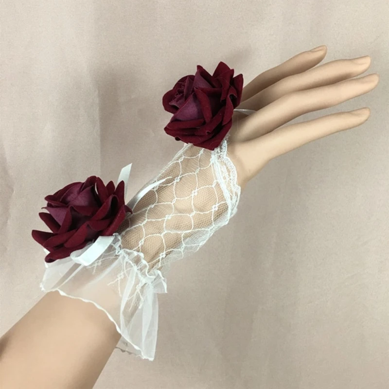 

Wedding Bride Sheer Mesh Lace Fingerless Gloves Artificial Rose Flower Steampunk Lolita Fake Cuffs Gothic Cosplay Mitten A20 21