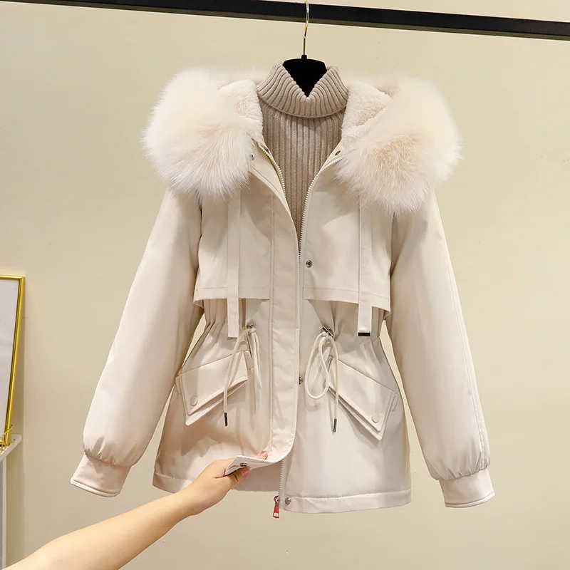 2021 New Winter Jacket Artificial Fur Collar Women Jacket Parkas Plus Velvet Thick Overcoat Female Long Coats Outwear
