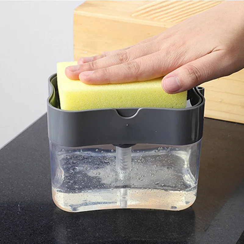 

Soap Pump Dispenser with Sponge Holder Cleaning Liquid Dispenser Container Manual Press Soap Organizer Kitchen Cleaner Tool