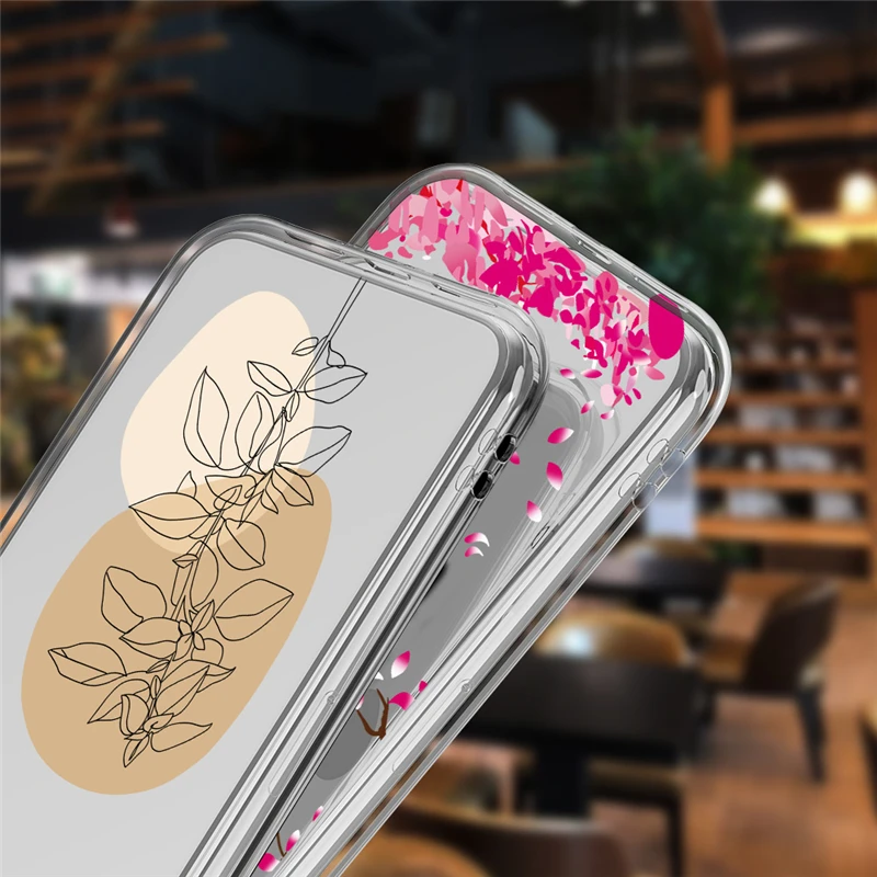 Cute Flowers Phone Case For iPhone 11 12 13 14 Pro Max 7 8 Plus X XR XS Max 13 12 SE 2020 Artistic Line Plant Clear Soft Cover
