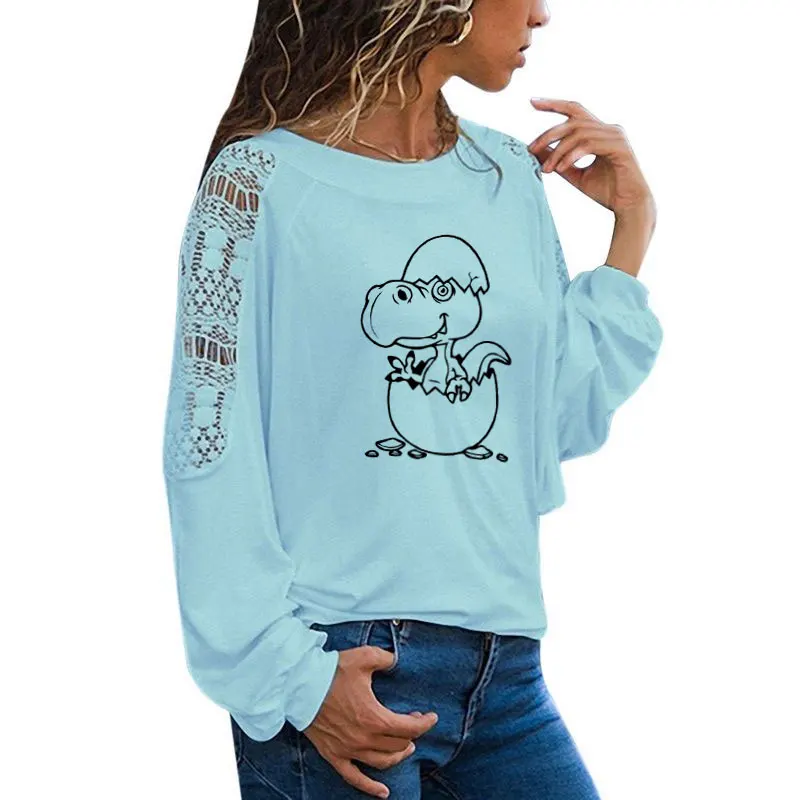 

Catoon Dinosaur T Shirt Women Long Sleeve O-Neck T-shirt Woman Clothing Tops Girl Casual Loose Lace Top Tees