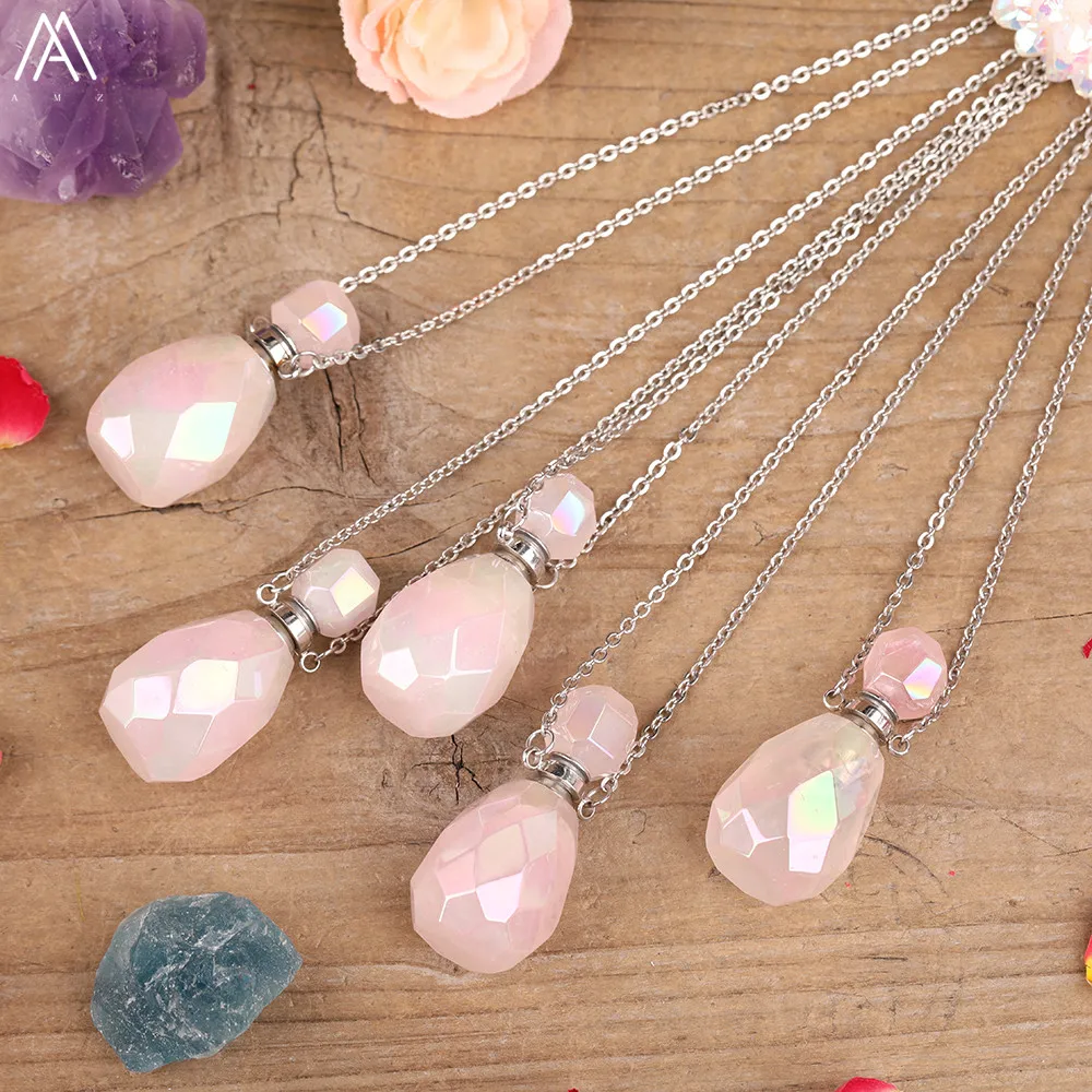 

Fashion Women Titanium Rainbow Aura Pink Roses Quartz Perfume Bottle Essential Oil Duffuser Pendant Necklace For Women Jewelry