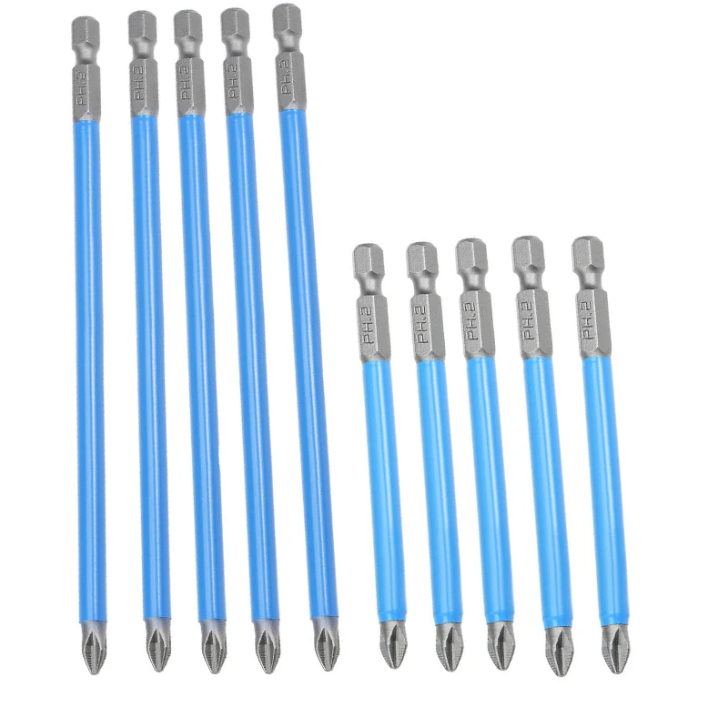 

10pcs Anti Slip 1/4" Hex Shank Magnetic Impact PH2 Long Screwdriver Drill Bits Set 150mm / 90mm Power Tools Accessories