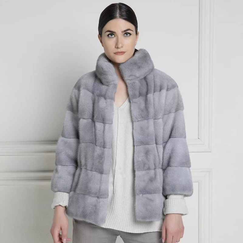 BFFUR Fashion Grey Genuine Mink Fur Jackets Stand Collar 2022 Trendy Natural Woman Fur Coat Outwear Luxury Real Mink Fur Coats