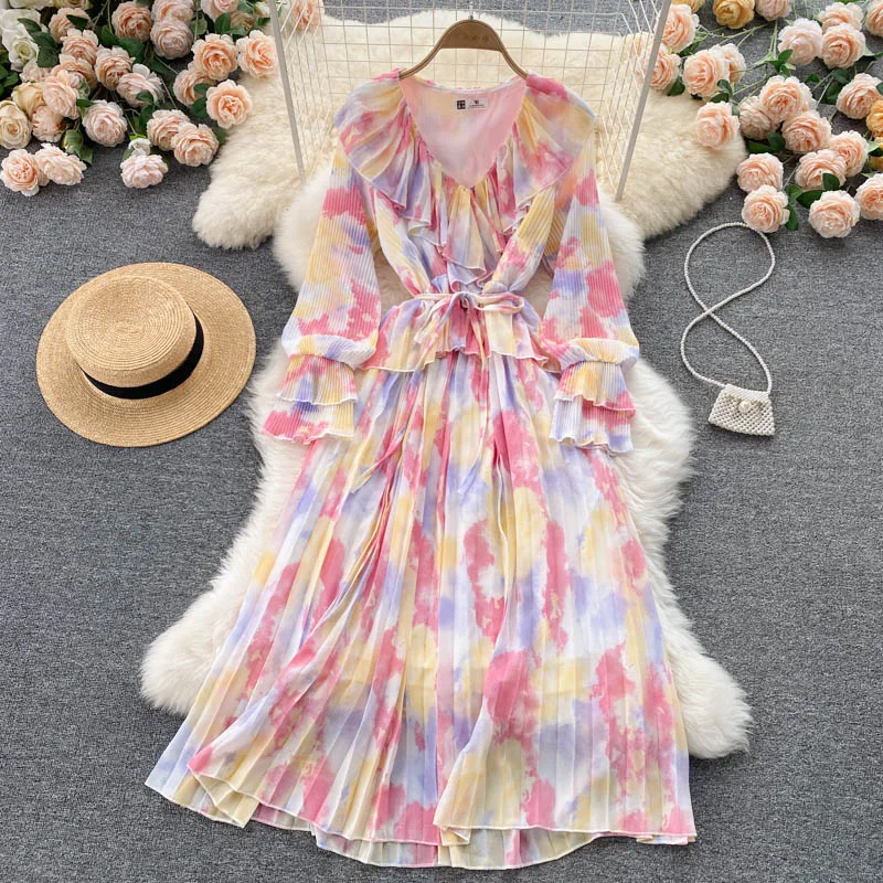 

Autumn Women Draped Printed Chiffon Midi Dress Vintage Long Sleeve V-Neck Ruffle Vestidos Female Elegant Party Robe 2021 Fashion