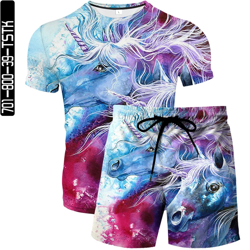 

2021 summer new men's and women's same style 3D printed beach pants fashion boutique T-shirt two-piece unicorn element pattern