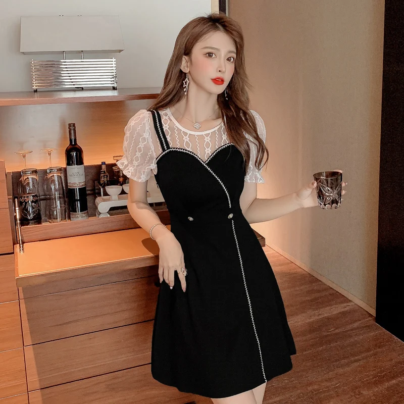 

2021 Make The Summer New Fashion Joker Reducting Of Cultivate One's Morality Show Thin Dress Stitching Little Black Dress