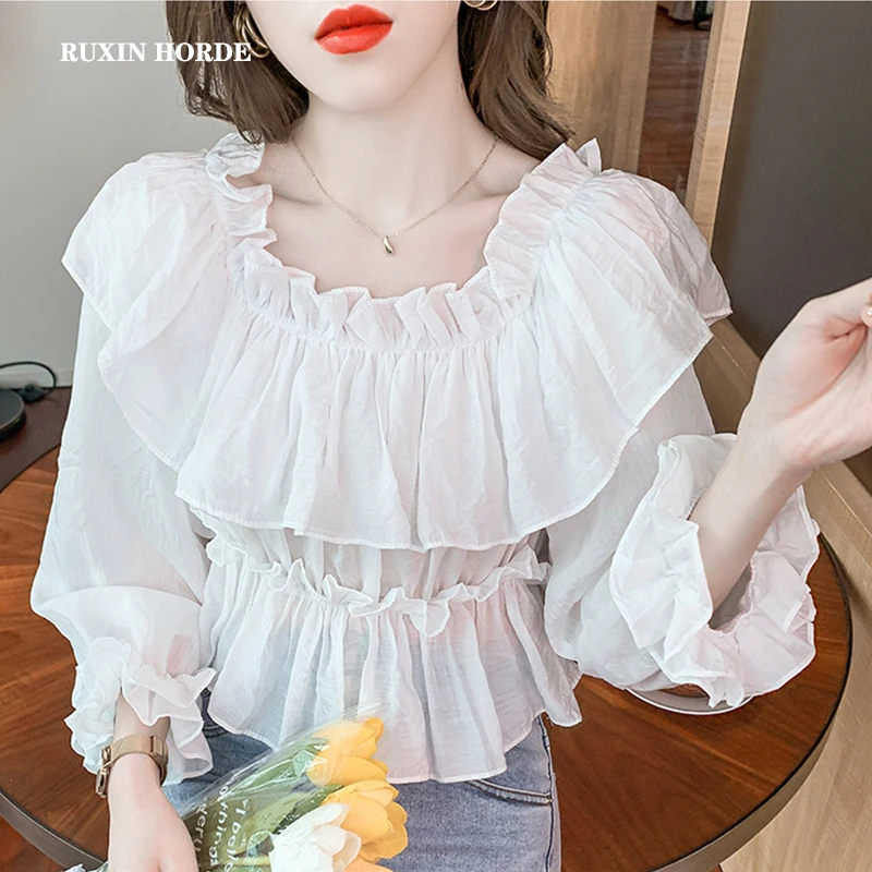 

New sexy summer brought a word shoulder falbala long sleeve is prevented bask in clothes pure color chiffon unlined upper garmen