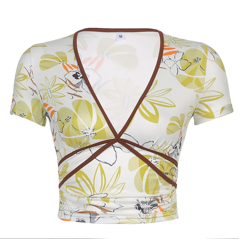 

Ladies V-neck Printed Slim Back Bandage Short Sleeve T-Shirt Top