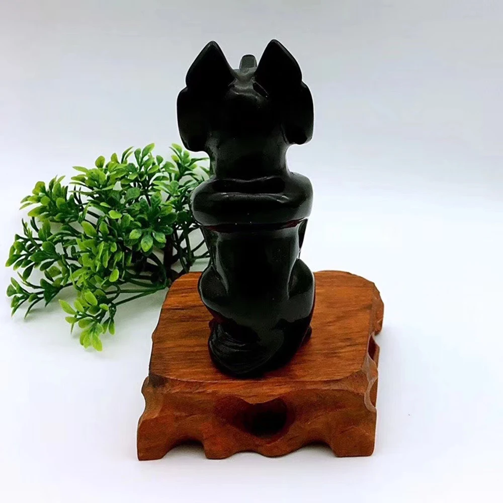 

11cm Natural Black Obsidian Fox Hand Carved Quartz Crystal Fox Figurine Wild Life Figurine Handmade Craft Home Office Decoration