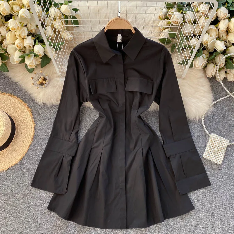

Turn-down Collar Popular Women Shirt Dress Casual Street Chic Style Long Sleeve Single Breasted Dress