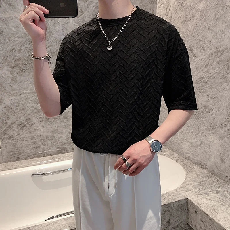 

Simple Comfortable Men Tshirt Summer New Design Pleated Round Neck Short Sleeve T-shirt Men Loose Tshirt Fashion Tee Shirt Homme