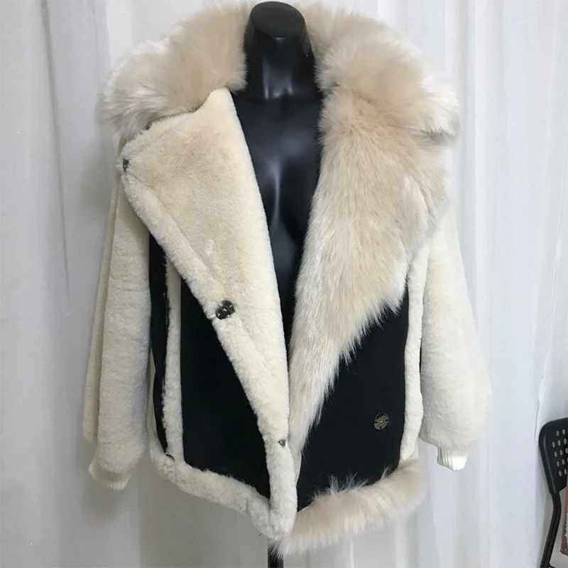 

2020 Winter New Deerskin Patchwork Lambswool Short Coat Casual Jacket Warm Loose Women Overcoats Rabbit Fur collar Biker Coats