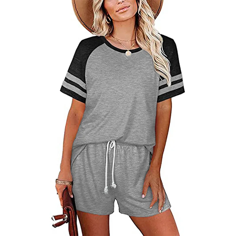 

2021 European and American summer new products fashion ladies casual color matching striped pocket drawstring top + shorts