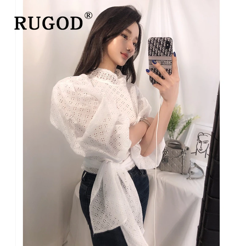 RUGOD элегантные белые открытые женские блузки корейские нерегулярные кружевные