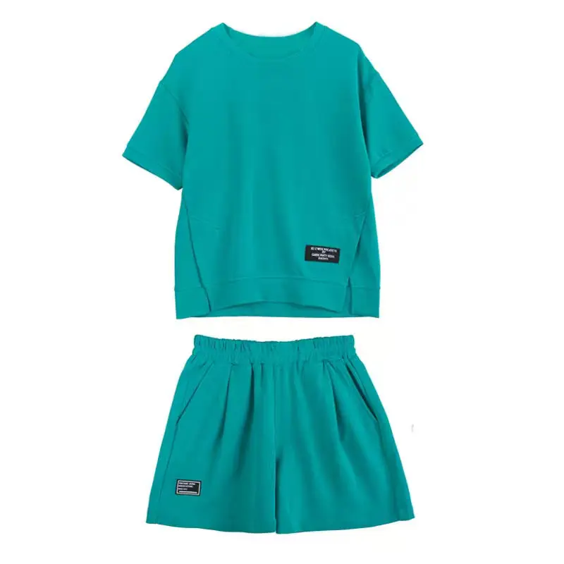 

2021 loose sportswear women's summer new Korean fashion wide pants round neck short sleeve shorts casual running two-piece set