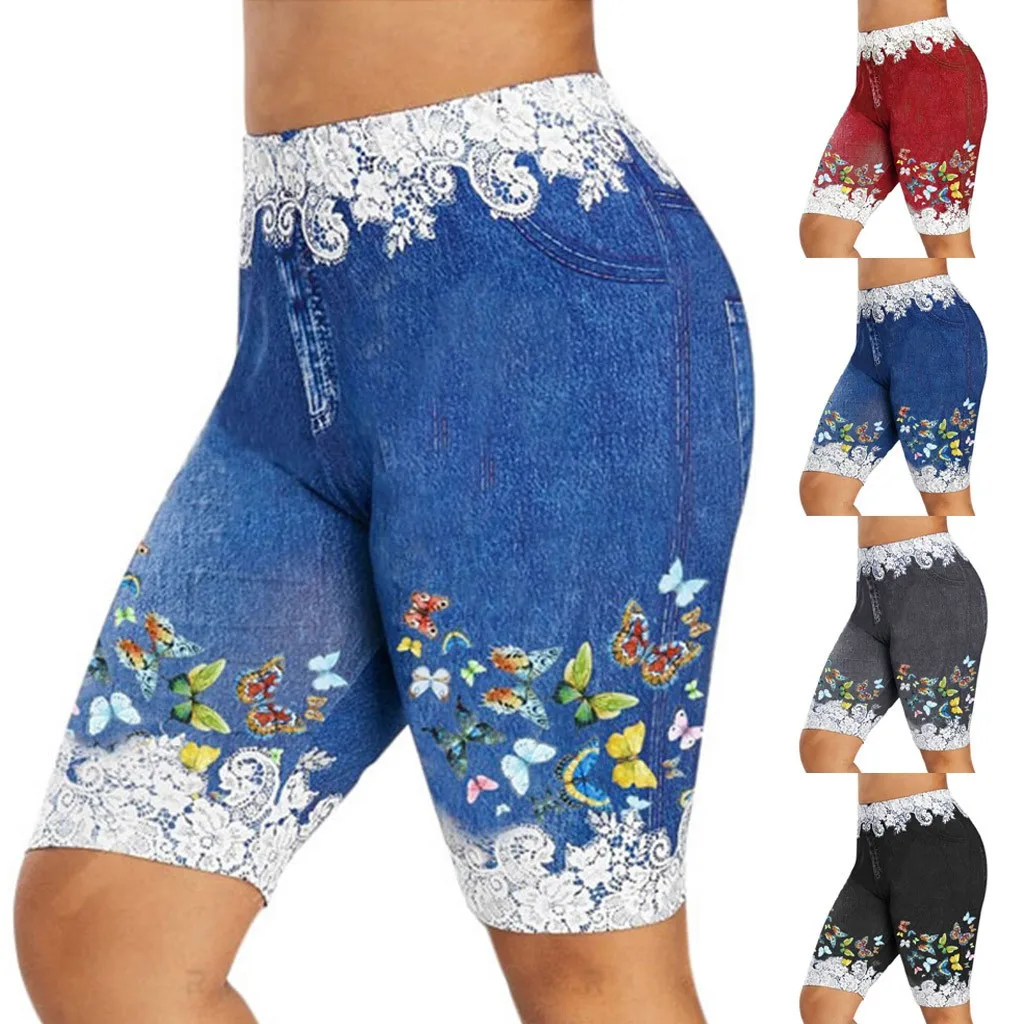 

Plus Size Denim Shorts Women Lace Patchwork Butterfly Fashion Blue Bodycon Shorts Elastic Slim Denim Shorts For Women Short