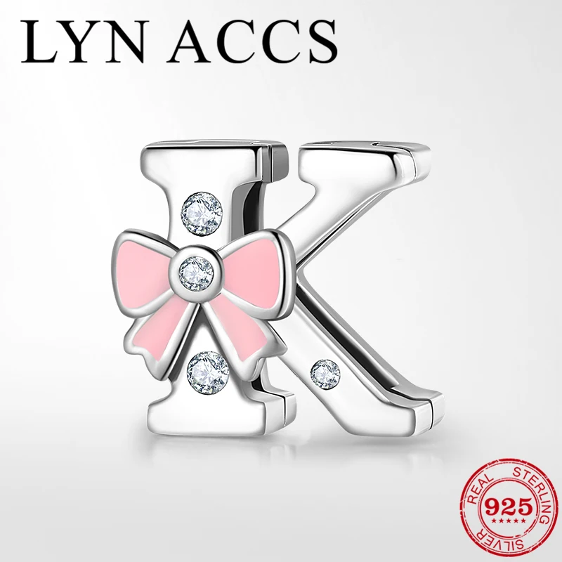 Подлинный 925 пробы серебряный зажим бусины розовый эмаль лук CZ Буква K отражение